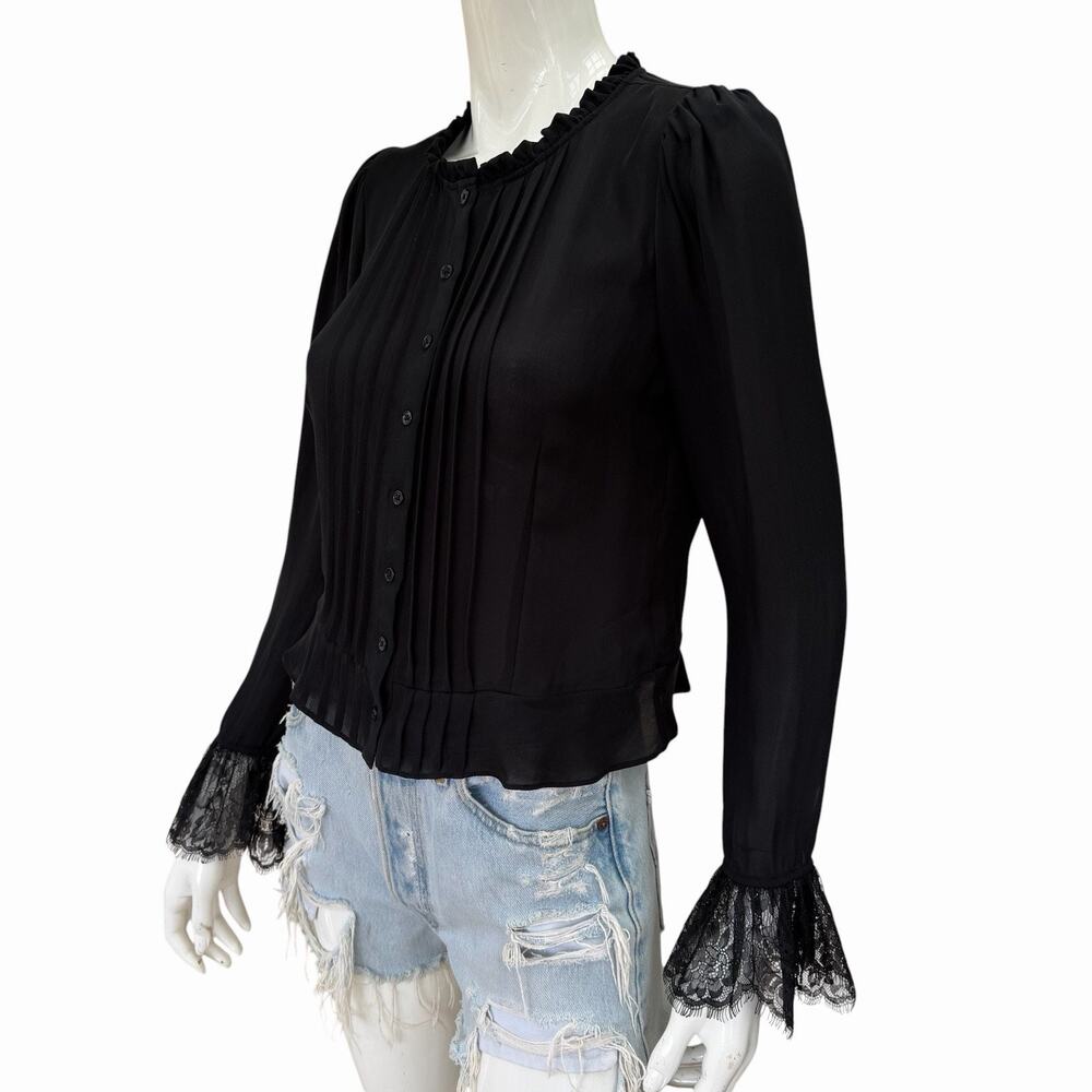 Paige Franca Silk Blouse, Black, Lace Fluted Sleeves, Gothy Witchy Size 6